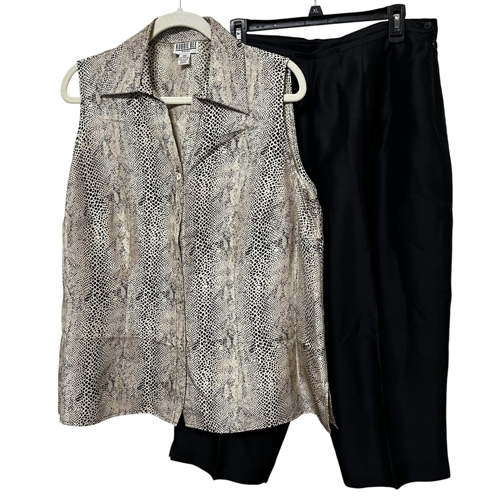 Robbie Bee Woman 18W 2-Piece Set 100% Silk Snakeskin Top and Black Cropped Pants